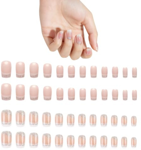48 Manicure Francesi Scintillanti, Set Di Unghie Artificiali Rimovibili, Riutilizzabili, Adatti A Ragazze E Donne.