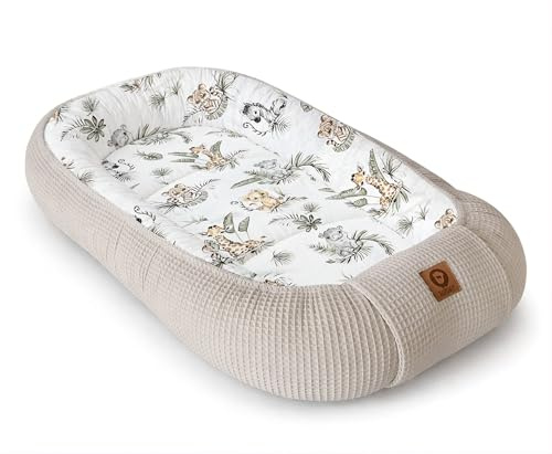 Babynestchen Neugeborene – Nestchen Baby aus Waffel Baumwolle & Baumwollstoff – Babynest für Babybett & Kinderbett – Baby Kokon Tragbar – OEKO-TEX zertifiziert – Zubehör für Babybett - Safari und Sand