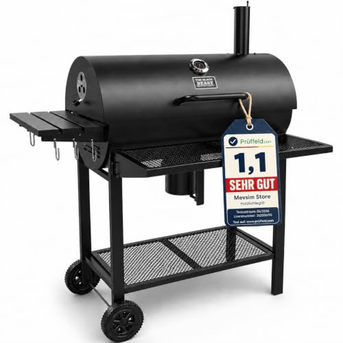 [ Test SEHR GUT, Note 1.1 *] THE BLACK BEAST Holzkohlegrill Grillwagen - Kohlegrill BBQ Smoker mit Deckel, Thermometer, Schornstein, 3-tlg. Grillrost, Warmhalterost, Aschebehälter und Rädern