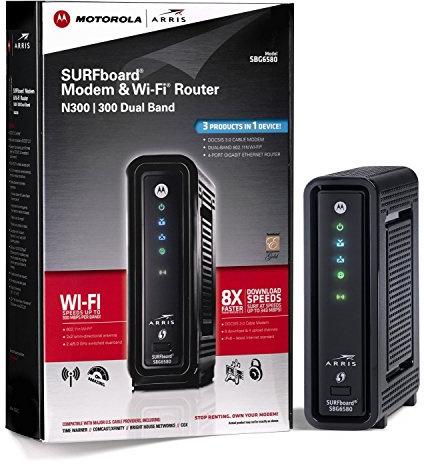 ARRIS SURFboard SBG6580 DOCSIS 3.0 Cable Modem/ Wi-Fi N300 2.4Ghz + N300 5GHz Dual Band Router - Retail Packaging Black (570763-006-00)