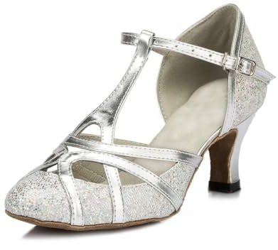 MINITOO Dam Glitter Salsa Tango Ballroom Latin dansskor T-rem stängd tå dansskor, Silver 6 cm klack, 10 US