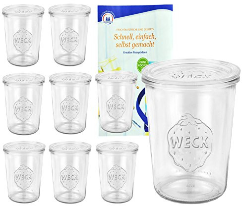 9er Set Original WECK 3/4-Liter Sturzglas, 850 ml, Rundrandglas RR100 + Glasdeckel + GRATIS Rezeptheft, Einmachglas, Einweckglas, Einlegen + Einkochen + Konservieren in glasklaren Weckgläsern