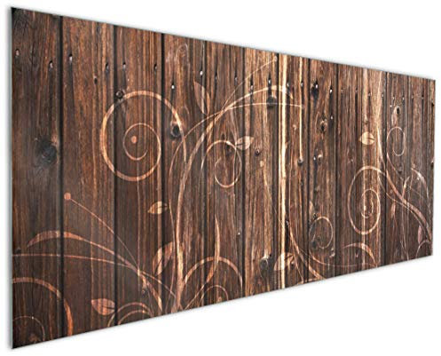 Wallario Küchenrückwand aus Glas 125 x 50 cm, Motiv: Holz in Dunkelbraun mit Blumenmuster - Schnörkel | Spritzschutz abwischbar & pflegeleicht