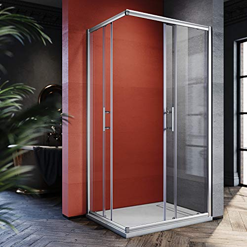 SIRHONA Cabine de Douche 100x80x185 cm Coulissante à Double Ouverture, Porte de Douche en Verre à Deux Panneaux Fixes avec Verre Transparent de 5 mm, Finition Chromée