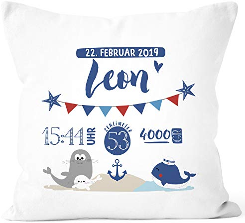 SpecialMe® personalisierbares Kissen zur Geburt Geburtskissen für Jungen mit Wal Anker Namenskissen Geschenk Geburt Baby, Kissen-Bezug ohne Füllung weiß Unisize