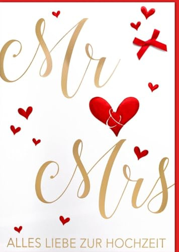 Verlag Dominique Hochzeitskarte XXL A4 - Mr & Mrs Herzmotiv - Elegante Glückwunschkarte in Rot & Gold zur Heirat, Verlobung oder Jubiläum für Paare - mit Umschlag