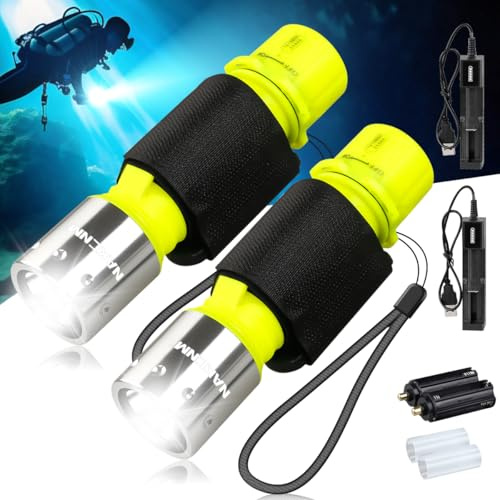 NAKCNM WishDeal 2 Pack Diving Flashlight Underwater LED Scuba Dive Lights Super Bright IPX8 Waterproof 3 Modes for Outdoor Activities with Rechargeable Battery and Charger