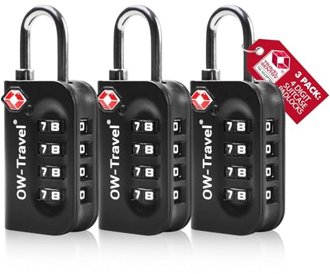 OW-Travel TSA-godkänd Kombinationslås (Svart 3-pack) 4-siffrig kod TSA Lås Godkänd Säkerhet Ryggsäck Hänglås Resväska, Lås, Kombinationslås resväska lås, Gymskåp, Hänglås