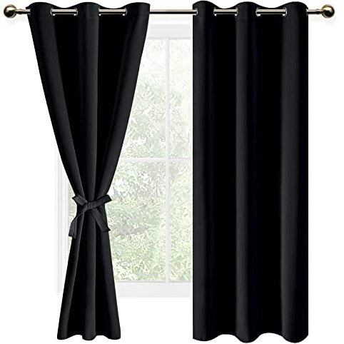 DWCN Black Blackout Curtains for Bedroom Sewn with Tiebacks - Thermal Insulated Light Blocking Grommet Window Curtains for Living Room, 42 x 63 inch Length, Set of 2 Drape Panels