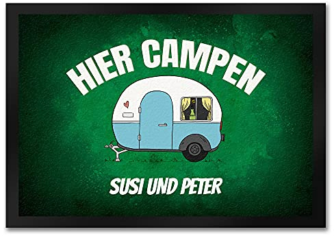 speecheese Hier Campen Wohnwagen Fußmatte - personalisiert - Schmutzfänger für Campingwagen Campingplatz mit Namen individualisierbar