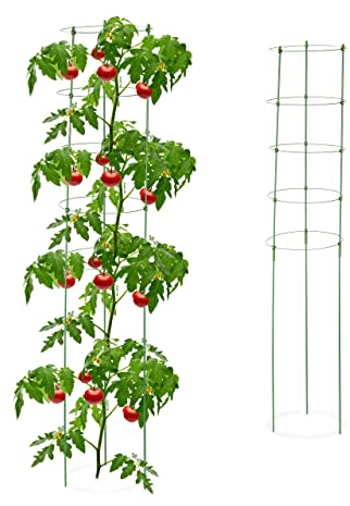 Relaxdays Rankhilfe, 2er Set, Tomatensäule für Garten & Balkon, 150 cm, je 5 Ringe, Pflanzstäbe Eisen & Kunststoff, grün