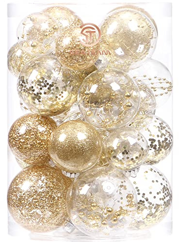 Sea Team Christbaumkugeln Set aus transparentem Kunststoff, bruchsicher, Verschiedene Größen, dekorative Weihnachtskugeln mit zierlichen gefüllten Dekorationen (25 Stück, Gold)