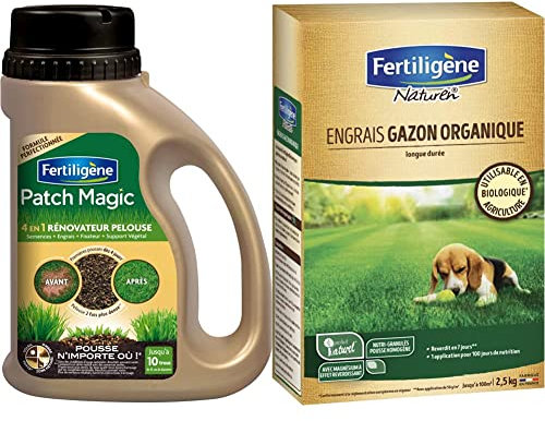 Fertiligene Patch Magic Renovateur Gazon 4 en 1 Epandeur 750g & NATUREN Engrais Gazon Organique 100m² 2,5kg