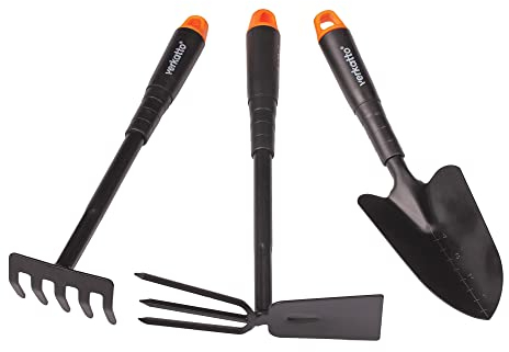 Mivos 3-TLG Gartengeräte Set für Gartenpflege aus Stahl - Gartenwerkzeug Set mit Blumenkelle Handrechen Doppelhacke - Handwerkzeuge für Pflanzen und Gartenarbeit