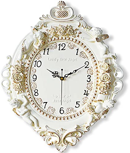 Detemo Rustic Wall Clock Decor,European Style Resin Battery Operated Silent Clock with Angel and Rose Relief Pattern for Living Room,Wall Decor (Golden)