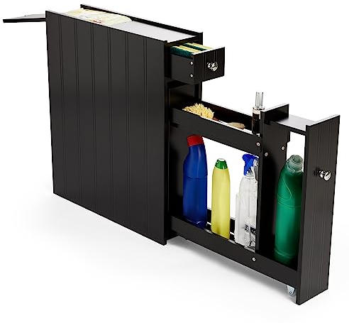 VonHaus Slim Bathroom Storage Unit - Black Slimline Bathroom Cabinet - Narrow & Compact Bath Organiser with Drawer & Slide Out Shelving - Freestanding Shaker Style Storage - Shrewsbury