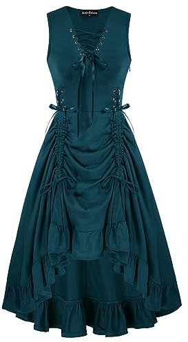 SCARLET DARKNESS Renaissance Steampunk Dress Lace Up High Low Dress Pirate Costume, Sea Blue, M