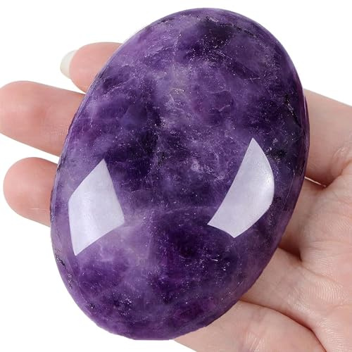 QINJIEJIE Amethyst Stein 6cm, Großer Edelstein Handschmeichler | Polierter Sorgenstein, Amethyst Kristall, Große Edelsteine, Spirituelle Deko, Reiki Stein, Meditation, Garten Deko