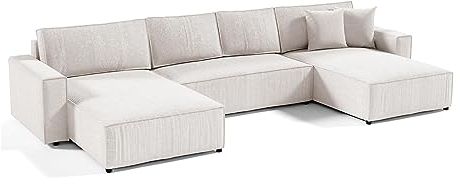 Mars Meble Ecksofa Parys U Eckcouch mit Schlaffunktion und Bettkasten U-Form Polsterecke aus Cord-Bezug 390 cm Ecke u-förmig, Farbe: Beige, Poso 100