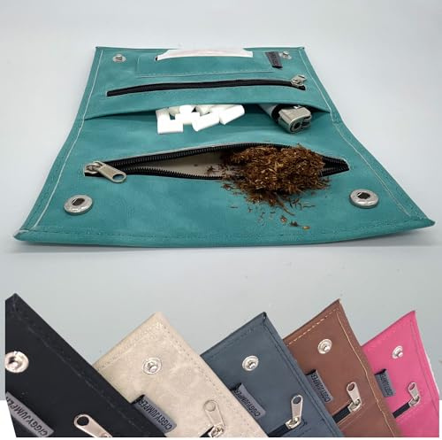 Ciggy Jumper Tobacco Bag in Used Leather with Papers Compartment, Twist Bag with Filters Compartment, Turquoise Single