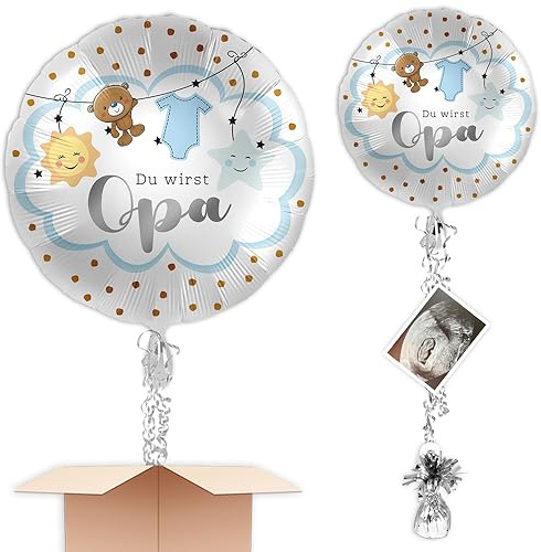 Luftballon Baby ankündigen inkl. Heliumfüllung Schmuckband u. Gewicht Motiv: Opa zum verschenken oder versenden an eine andere Lieferadresse - Mit Karte