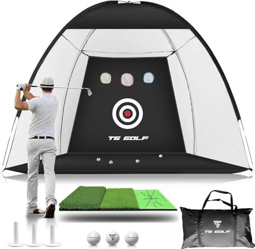 TS GOLF - XL Tri-Turf Golf Net & Mat Set - 5 Balls, 3 Tees, Carry Bag - Chipping Net for Garden & Backyard