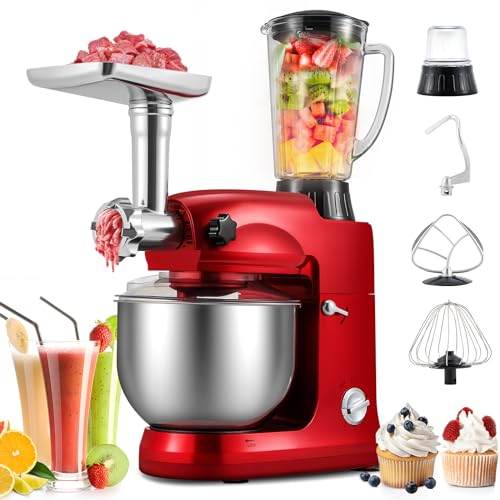 Huanyu 4-in-1 Amasadora Multifuncional 7L Batidora Amasadora con Batidora de 1,5 l, Picadora de Carne y Mini molinillo de café Robot De Cocina para la mayoría de la cocina casera (Rojo)
