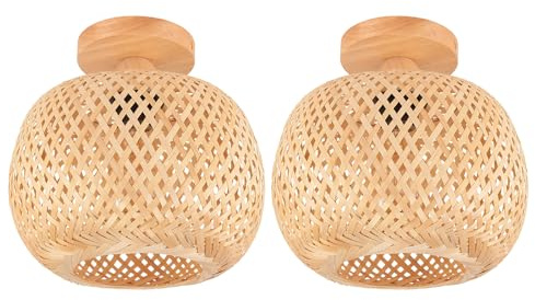 LIGKIN 2 Stücke Deckenleuchte Bambus Weben Kronleuchter Rattan Boho Style Bambus Lampenschirm Vintage Deckenlampe Deko Deckenleuchte für Restaurant Wohnzimmer Küche, Ø25cm