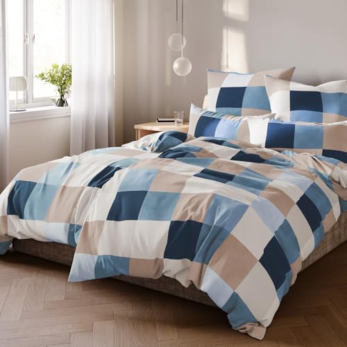 Pure Label Karierte Bettwäsche Set 4tlg 155x220 40x80 blau aus Baumwolle | Waschbar bei 60∘C - Atmungsaktiv für Sommer & Winter - pflegeleicht