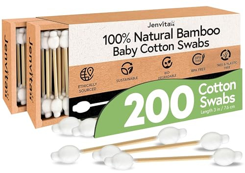 Jenvita 100% Bamboo Cotton Swabs for Ears (200-Pack) - Perfect for Baby & Personal Care | Double-Tipped Ear Swabs Cotton for Makeup & Cleaning | FSC Certified & Hypoallergenic, Made for All Ages & Pet