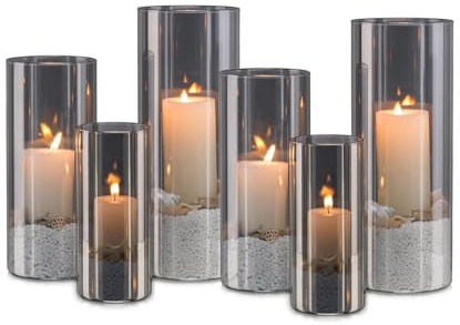 Candeldo Windlicht Glas Glaszylinder Kerzenständer: 6er Set Windlicht Outdoor Schwarz Kerzenhalter Groß Deko Tisch Wohnzimmer Garten Vase Modern Windlichter Draußen und Drinnen Stumpenkerze Teelicht