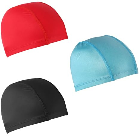 3pz Cuffie da Nuoto Elastiche, Cuffie da Nuoto Unisex Cuffie da Bagno Antiscivolo Cappello da Piscina per Donne Uomini Bambini Ragazzi Ragazze Capelli Lunghi e Corti (Nero, Rosso, Blu)