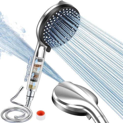 OdiuK - Soffione doccia con filtro, doccetta ad alta pressione, 15 filtrazione, 10 tipi di getto, con tubo da 1,5 m, soffione doccia per la rimozione dal cloro residuo, acqua dura, metallo pesante