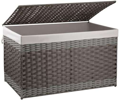 OIAHOMY Storage Basket with Lid, 42.3 Gallon (160L) Blanket Basket with Removable Liner Bag, Synthetic Wicker Hamper with Handle, Foldable, Hamper for Living Room, Grey