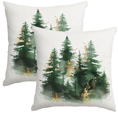 Miaikoe Christmas Cushion Covers 45x45 cm Set of 2 Green Gold Christmas Tree Rustic Decorative Throw Pillows Covers Winter Holiday Decor for Couch Sofa