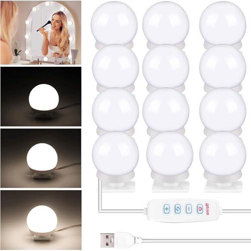 Xrten Lumière de Miroir LED 12pcs Hollywood Style, Dimmable Lampe Cosmétique de Salle de Bain avec 3 Couleurs