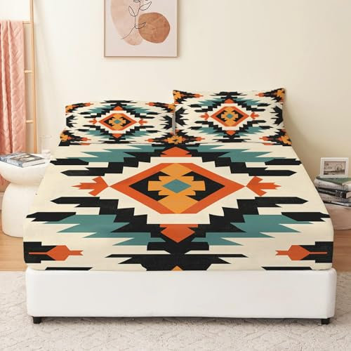 Spannbettlaken Orange Blau Super Weiche Gebürstete Mikrofaser Spannbettlaken Geometrische Linien Kritzeln Bedrucktes Spannbetttuch, Für Kinder Erwachsene Schlafzimmer Dekor 140 x 200 cm