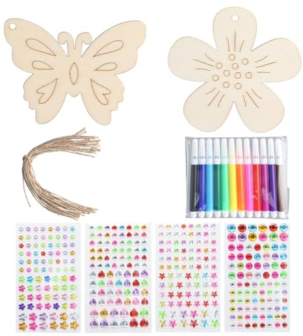 Dewocke Gör-det-själv-kit: träfjärilar och blommor, 24 delar, kreativitet för barn, målningsdekoration, hantverk, födelsedagar, akvarellpennor och ädelstensklistermärken