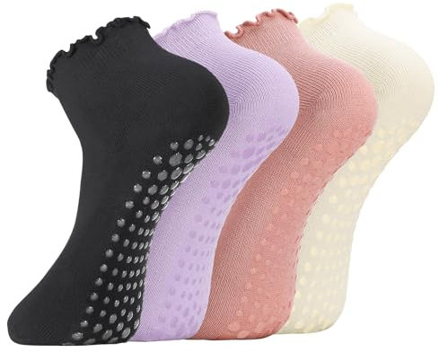 Utensilsto 4 Paar Stoppersocken Damen Yoga Socken 35-38 Pilates Socken Damen Rutschfestesocken Anti-Rutsch-Sock mit Griffen für Zuhause Reha Dance Workout