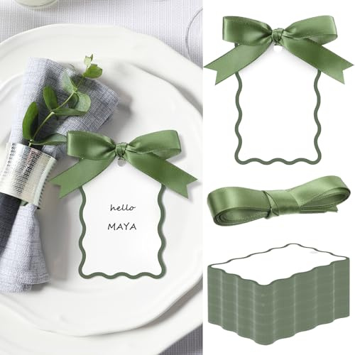 MotiMind 200 Pcs Scallop Name Place Cards for Table Setting DIY Wedding Placecards with Ribbon Include 100 Name Table Cards and 100 Ribbon for Weddings Party Celebrations Supplies(Sage Green)