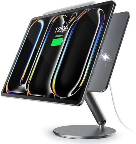 LULULOOK Actualización Soporte magnético de Carga inalámbrica para iPad Pro 13 Pulgadas M4 13 M5,Soportes Plegable Aluminio Ajustable iPad Pro con Base giratoria de 360°,18W de Carga rápida,con Cable