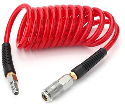 TAILONZ PNEUMATIC Tuyau à air comprimé en polyuréthane renforcé 1/4« x 3M rouge avec restriction de courbure, raccord rapide industriel 1/4 » et bouchon