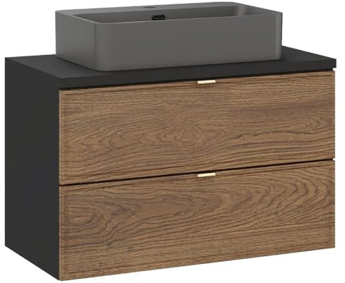 Lomadox Badezimmer Waschtisch 80 cm in Eiche und schwarz, hängend mit 2 Schubladen, Aufsatzwaschbecken dunkelgrau