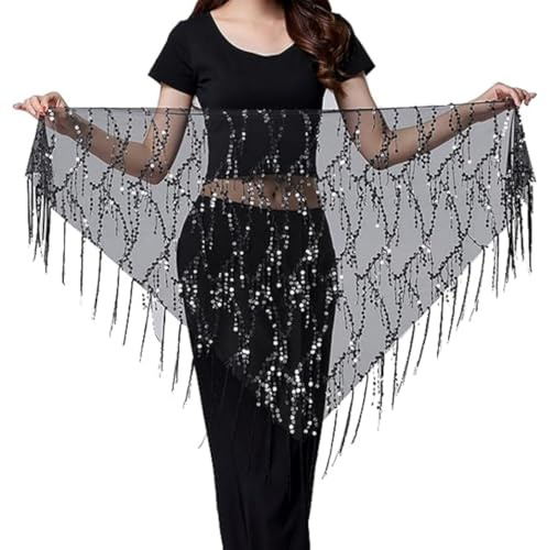 Women's Sequins Tassel Skirt, Glitter Fringe Belly Dance Waist Hip Scarf, Lace-up Tango Dance Skirts for Halloween Rave Party Costume, Shiny Triangle Scarf Wrap Skirt for Tango chacha Samba Rumba