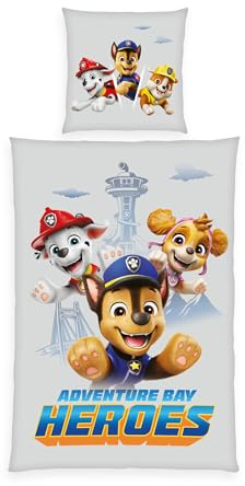 Herding Paw Patrol Ensemble de literie en Flanelle, taie d'oreiller 80 x 80 cm, Housse de Couette 135 x 200 cm, avec Patte de Boutonnage, 100% Coton/Flanelle, Gris