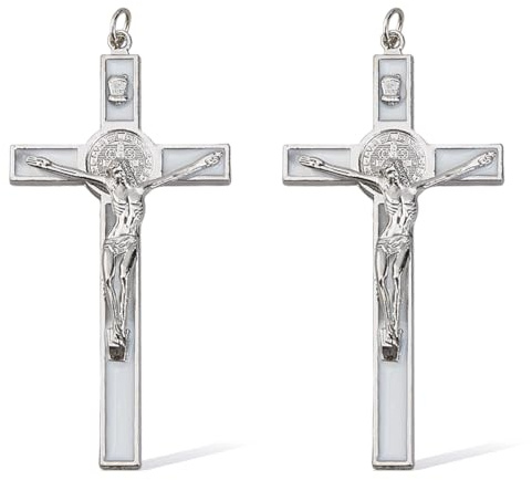 DICOSMETIC Lot de 2 petites croix murales en alliage émaillé blanc 10,6 x 5,35 cm - Décoration murale religieuse - Jésus-Christ - Croix catholique - Cadeau de Pâques pour femmes et hommes