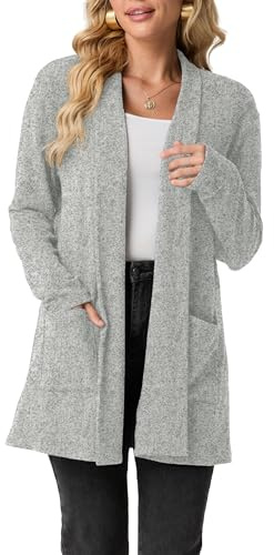GRECERELLE Cardigan à manches longues pour femme - Élégant et léger - Décontracté - Long col châle - Manteau en tricot décontracté avec poches - Printemps, automne, hiver, gris clair, M