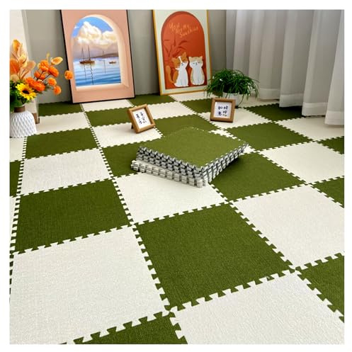 Alfombra de juego de 10 piezas de rompecabezas cuadrados, azulejos entrelazados de tela de lino, azulejos de espuma para suelo, 12 x 12 pulgadas (beige + verde)