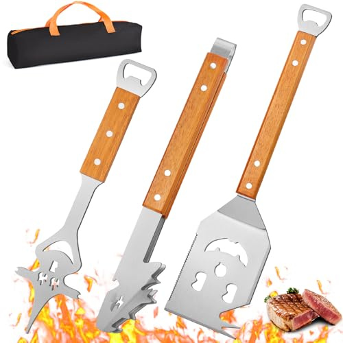 BBQ Grillbesteck Set 3-teilig, SeyYega Edelstahl Grillzubehör mit Holzgriff, 38 cm Grillzange, 42 cm Fleischgabel, Spülmaschinenfest, Profi Grillbesteck für Holzkohlegrill, Gasgrill & Camping