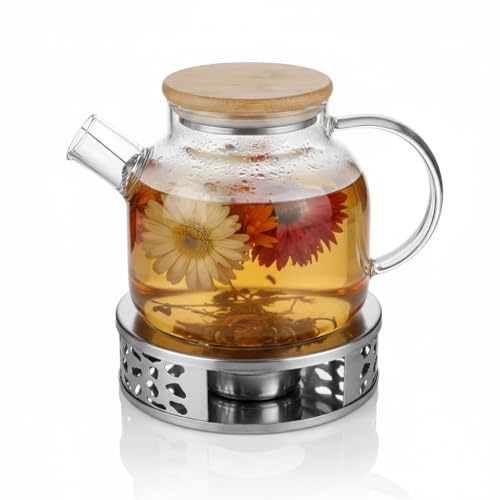 Arendo - Teekanne aus Glas mit Stövchen – Bambusdeckel – inklusive Edelstahlstövchen – Fassungsvermögen 1,4 Liter – hitzebeständig – mit Siebeinsatz für Blütentee – einfache Reinigung – für heiße und
